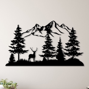 Decorazione da parete in metallo con montagna e foresta con cervi, grande arte da parete con colline e alberi, decorazione per la natura e la foresta, regalo per gli amanti dell'aria aperta, decorazione per la casa