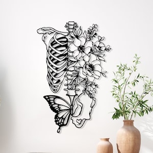 Skeleton Metal Wall Art, Skull Unique Lover Wall Decor, Flower Butterfly Line Art Wall Decor, Minimalist Housewarming Gift, Above Bed Decor