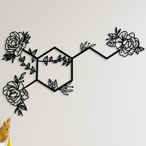 Arte de parede de metal com molécula de dopamina, placa de parede com símbolo de felicidade de dopamina, decoração de escritório em casa, placa motivacional, decoração de parede de química, presente