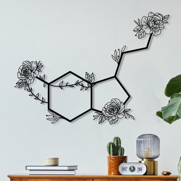 Serotonin Metal Wall Art ,Flowered Serotonin Molecule,Symbol of Happiness Wall Art,Unique Home Decor,Housewarming Gift,Metal Wall Decor,Sign