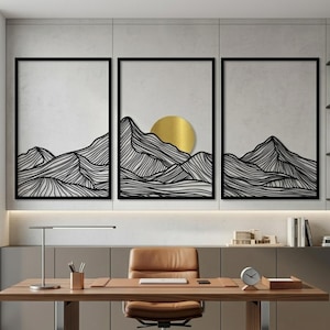 Berg en zon metalen muurkunst set van 3, natuur minimalistisch huisdecor, bergketen panelen moderne kunst, zonsondergang zonsopgang ingelijste boho kunst aan de muur