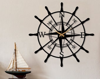 Compass Metal Wall Clock, Black Rudder Nautical Theme Wall Clock, Modern Large Silent Wall Clock, Compass Wall Art,Wanduhr,Housewarming Gift