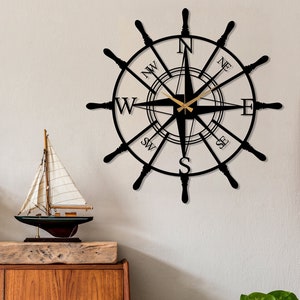 Compass Metal Wall Clock, Black Rudder Nautical Theme Wall Clock, Modern Large Silent Wall Clock, Compass Wall Art,Wanduhr,Housewarming Gift