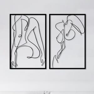 Naked Woman Body Wall Art Set of 2, Metal Bathroom Wall Decor, Minimalist Female Body Bedroom Decor, Feminine One Line Art, Above Bed Decor image 2