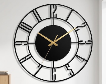Black Latin Metal Large Wall Clock,Silent Oversize Clock,Metal Wall Art Decor,Unique Modern Clock,Horloge Murale,Housewarming Gift,Room Art