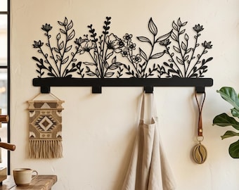 Wall Mounted Coat Rack with Flowers, Entryway Metal Coat Rack, Coat Hook Hanger, Wall Mount Towel Hanger, Large Metal Wall Hanger,Coat Stand