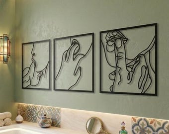 Metal Lips Line Wall Art Set of 3, Above Bed Decor Female Line Art,Bedroom Naked Decor,Bathroom Line Art Decor,Hands Line Art,Metal Love Art