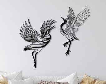 Metalen kranen Wall Art Set van 2, kraanvogels decor, uniek woonkamer decor, vogels muur opknoping, buiten muur decor, vogels grote muur kunst