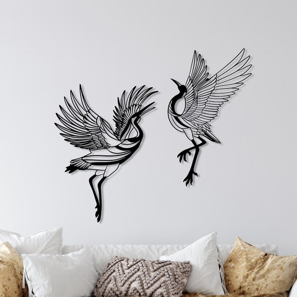 Metallkrane Wandkunst 2er-Set, Kranichvögel Dekor, einzigartiges Wohnzimmerdekor, Vögel Wandbehang, Außenwanddekor, Vögel große Wandkunst