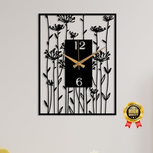 Black Large Wall Clock, Poppy Flower Oversize Wall Clock,Unique Design Silent Wall Clock,Home Decor,Wanduhr,Horloge Murale,Housewarming Gift