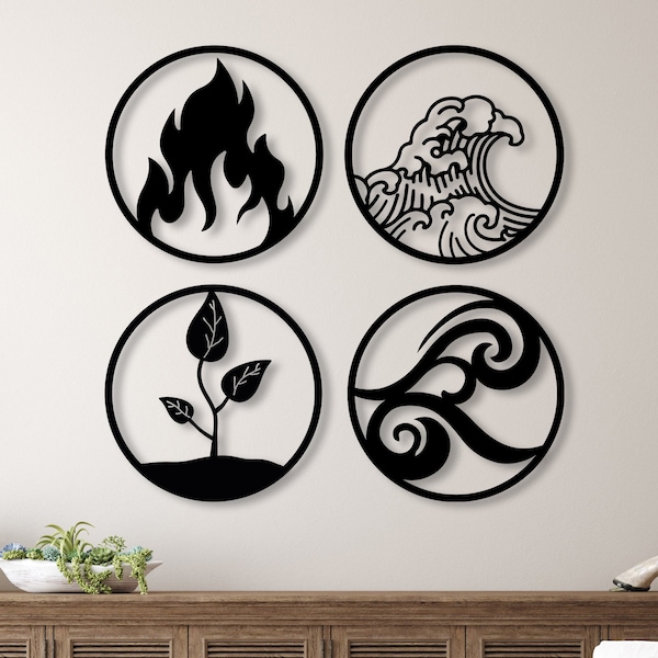 Four Elements Metal Wall Art, Nature 4 Element Symbol Wall Decor, Boven Bed Decor, Boho Home Decoration, Yoga Wall Hanging, Housewarming Gift