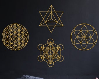Sacred Geometry Metal Wall Art Set of 4, Home Meditation Metal Yoga Wall Decor, Zen Metal Home Decor, Flower of Life, Metatron Cube Wall Art