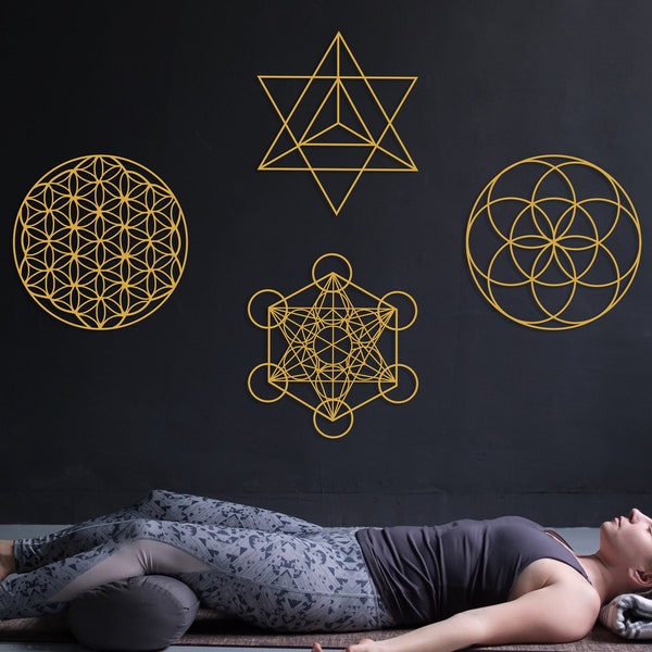 Geometria Sacra Metal Wall Art Set di 4, Home Meditation Metal Yoga Wall Decor, Zen Metal Home Decor, Fiore della Vita, Metatron Cube Wall Art