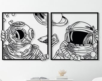 Astronaut Metal Wall Decor Set of 2, Large Metal Astronaut Wall Sculpture, Diver Metal Wall Art,Ocean and Space Decor,Modern Living Room Art