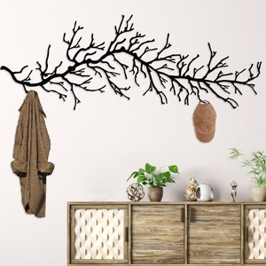 Perchero de pared de metal con forma de árbol, ganchos de pared de árbol, decoración de entrada de metal, soporte de pared de rama moderna, perchero de pared grande, perchero de pared para entrada