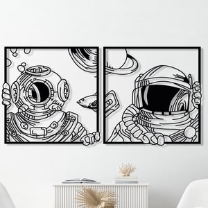 Astronaut Metall Wand Dekor 2er Set, große Metall Astronaut Wand Skulptur, Taucher Metall Wandkunst,Meer und Weltraum Dekor,Moderne Wohnzimmer Kunst