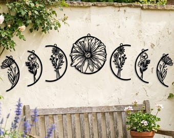 Flower Moon Phase Wall Decor, Moon Phase Metal Wall Art, Boho Home Decor, Above Bed Decor, Floral Moon Bedroom Wall Art, Housewarming Gift