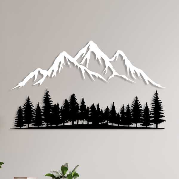 Mountain Forest Metal Wall Decor, Yard Mountain Range View, Outdoor Nature and Forest Decorations, Wildlife Lover Gift,Large Hill Tree Decor