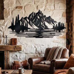 Decoración de pared metálica con temática de bosque de montaña, arte mural de naturaleza y árboles, regalo para amantes de la vida silvestre al aire libre, arte metálico de colinas, decoración de pared para jardín de estilo rústico
