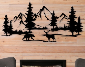 Mountain Forest Metal Wall Art with Bear And Deer, Nature Decor Gift,Large Farmhouse Decor,Outdoor Pine Tree Metal Sign,Fireplace Wall Decor