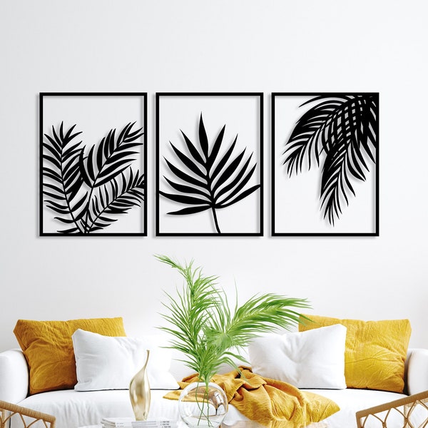 Set von 3 tropischen Blättern Metall Wanddekor, exklusive Palmenblatt moderne Wandkunst, einzigartige Hauskunst, botanische Natur Wanddekor, Einweihungsgeschenk