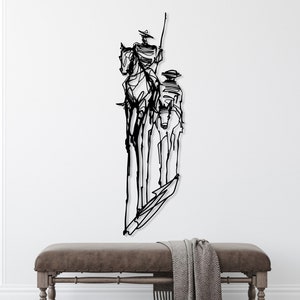 Don Quijote Metallwandkunst, Pablo Picasso-Kunstwerk, Quijote One Line Art, Wohnzimmer Metallwanddekor, große Wandkunst, Abenteuer-Liebhaber-Geschenk