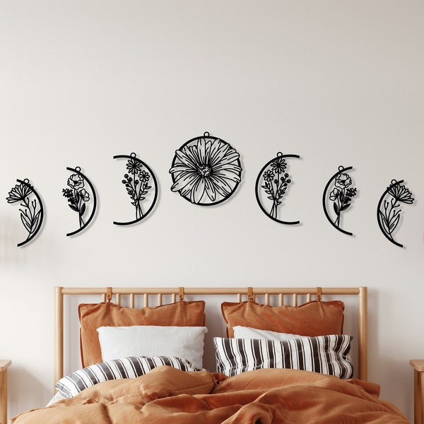 Flower Moon Phase Wall Decor, Moon Phase Metal Wall Art, Boho Home Decor, Above Bed Decor, Floral Moon Bedroom Wall Art, Housewarming Gift