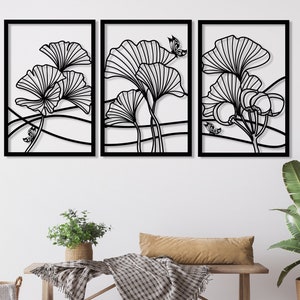 Ginkgo Flowers 3 Pieces Metal Wall Art, Large Floral Wall Art, Ginkgo Leaves Framed Wall Hangings, Unique Home Decor, Minimalist Wall Decor