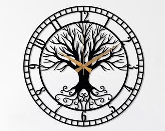 Tree of Life Metal Wall Clock, Black Large Wall Clock, Tree Clock, Silent Mid-Century Wall Clock,Modern Living Room Clock Art,Horloge Murale