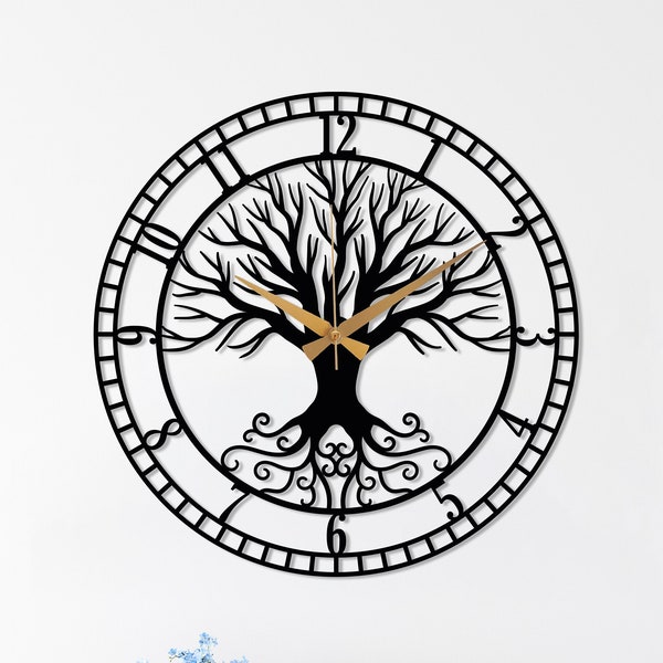 Tree of Life Metal Wall Clock, Black Large Wall Clock, Tree Clock, Silent Mid-Century Wall Clock,Modern Living Room Clock Art,Horloge Murale