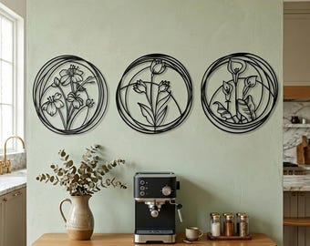Juego de 3 adornos de pared de metal con forma de flores, arte de pared de metal con amapolas, decoración de pared de metal grande negra con flores, arte de pared para decoración del hogar, inauguración de la casa.
