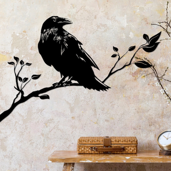 Raven on Branch Wall Decor, Metal Crow Wall Art, Birds Sign Art, Bird Metal Wall Decor, Living Room Sacred Interior Decor, Unique Home Decor