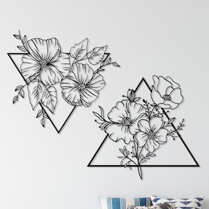 Metal Spring Flower Wall Decor Set of 2, Poppy Flowers Wall Hanging Kitchen Decor, Boho Floral Home,Minimalist Living Room Decor,Flower Gift