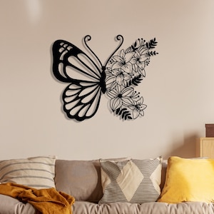 Butterfly Metal Wall Art, Butterfly Home Decor, Metal Living Room Decor, Flower Butterfly Wall Decor, Outdoor Porch Decor, Large Metal Decor