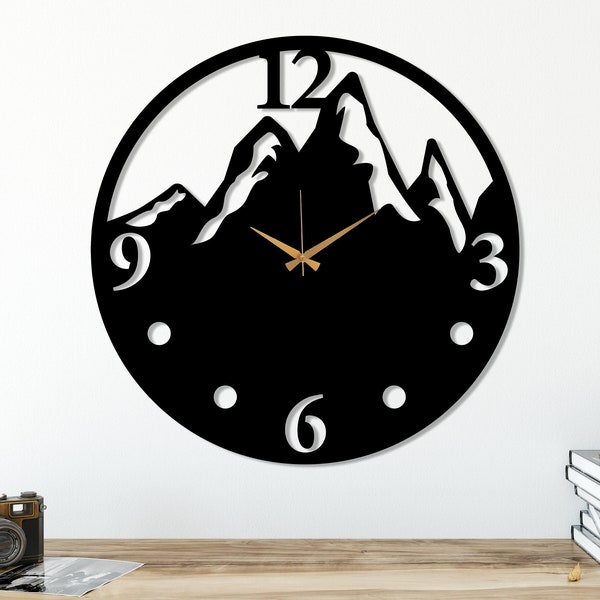 Black Mountain View Large Wall Clock, Modern Design Silent Wall Clock, Unique Home Decor Art, Farmhouse Wall Clock, Wanduhr, Horloge Murale