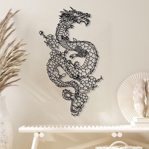 Dragon Metal Wall Art, Dragon Wall Hanging, Minimalist Line Art Home Decor, Floral Dragon Decor, Mythologic Tattoo Art, Housewarming Gift
