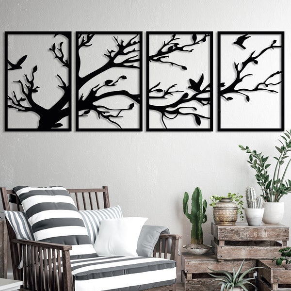 Metal Tree Wall Decor 4 Panels, Tree of Life Wall Art, Tree Wall Sign,4 Pieces Extra Large Wall Hangings,Nature Tree Decor,Bird Branch Decor