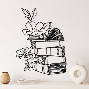 Bookish Metal Wall Art, Reading Book Decor, Metal Book One Line Art, Library Wall Decor, Book Lover Gift,Book with Floral,Reading Room Decor