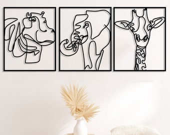 Safari Tiere Metall Wandkunst 3er Set, Minimalistische Tiere Wanddekoration, Afrika Wandkunst, Giraffe Elefant One Line Art, Unikat Boho Home Decor