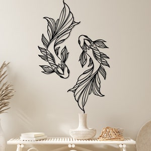 Koi Fish Metal Wall Art, School of Fish Family Interior Wall Decor, Feng Shui Home Design, Minimalist Line Art, Nautical Wall Hanging Gift