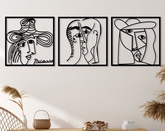 Picasso Faces Metal Wall Art Set of 3, Abstract Woman Figure Wall Art, Minimalist Line Art Wall Decor,Modern Living Room Art,Gallery Artwork