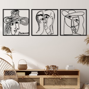 Picasso Faces Metal Wall Art Set of 3, Abstract Woman Figure Wall Art, Minimalist Line Art Wall Decor,Modern Living Room Art,Gallery Artwork