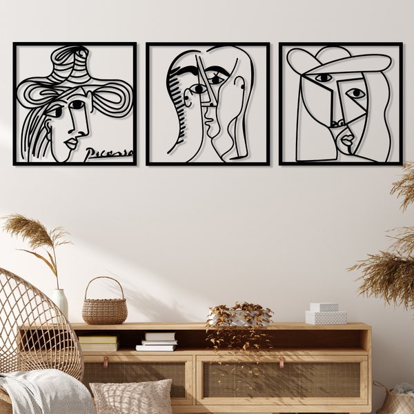 Picasso se enfrenta a un conjunto de arte de pared de metal de 3, arte de pared de figura de mujer abstracta, decoración de pared de arte de línea minimalista, arte moderno de la sala de estar, obras de arte de la galería