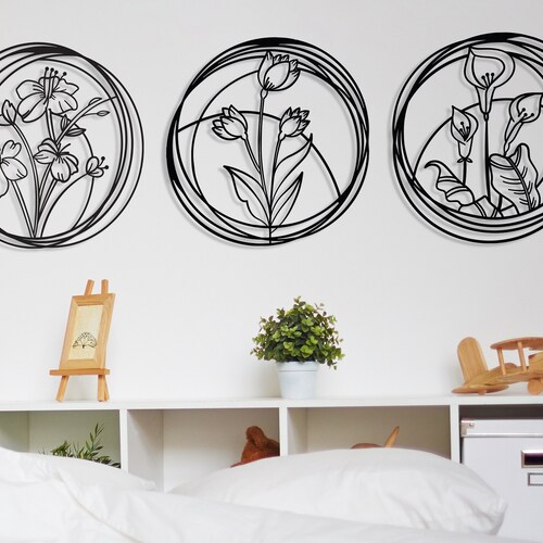 Flower Metal Wall Art Decor Set of 3 Poppy Flowers Metal Wall Etsy