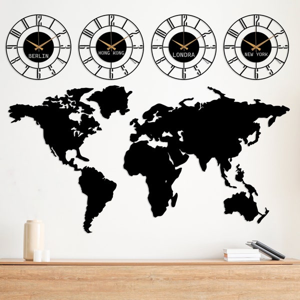 Metal World Map Clocks Wall Art, World Map Office Decor,Metal Wall Decor,Travel Wall Decor,Gift for Office,Housewarming Gift,Large World Map