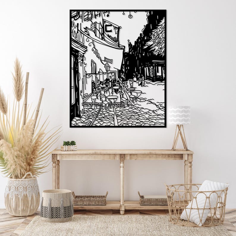Cafe Terrace at Night Large Metal Wall Art, Van Gogh Wall Decor Artwork, Modern Living Room Wall Art, Unique Above Bed Decor, Art Lover Gift Black