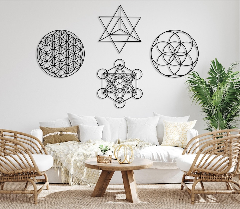 Sacred Geometry Metal Wall Art Set of 4, Home Meditation Metal Yoga Wall Decor, Zen Metal Home Decor, Flower of Life, Metatron Cube Wall Art image 10