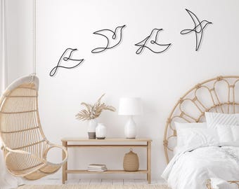 Metal Minimalist Birds Wall Decor Set Of 4, Nature Lover Gift, Bird Outdoor Art Wall Hanging, Metal Art, Above Bed Decor, Bird Lover Gift