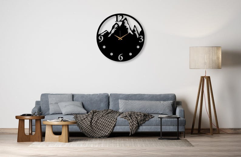Black Mountain View Large Wall Clock, Modern Design Silent Wall Clock, Unique Home Decor Art, Farmhouse Wall Clock, Wanduhr, Horloge Murale imagen 5