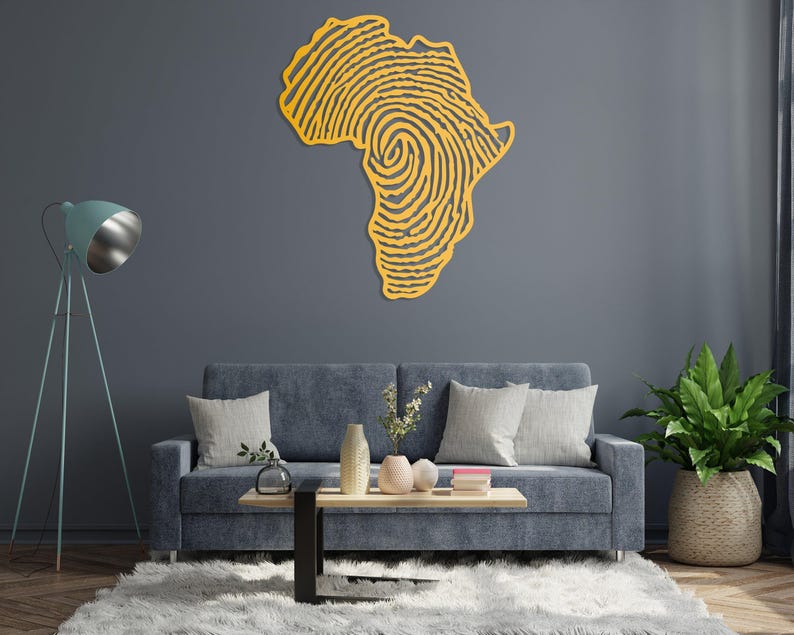 Metalen kaart Afrika vingerafdruk kunst aan de muur, Afrikaanse kunst en ambacht, cadeau voor haar, Afrikaanse wereldkaart, vingerafdrukbord, decor van de boerderij, cadeau voor hem Gold